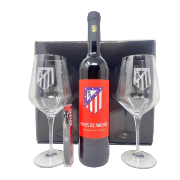 Vino tinto Atlético de Madrid. Copas cristal premium y sacacorchos. Vinos de Madrid